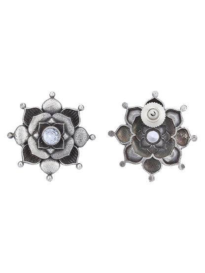 Antique Silver Floral Stud Earrings with White Stone