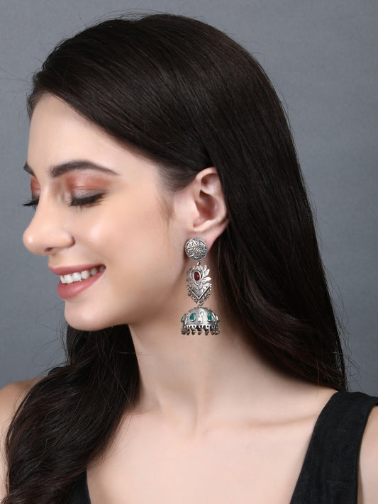Antique Silver Jhumka Earrings with Red and Green Stones