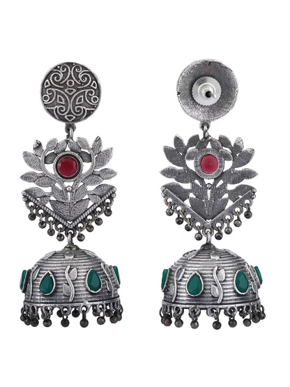 Antique Silver Jhumka Earrings with Red and Green Stones
