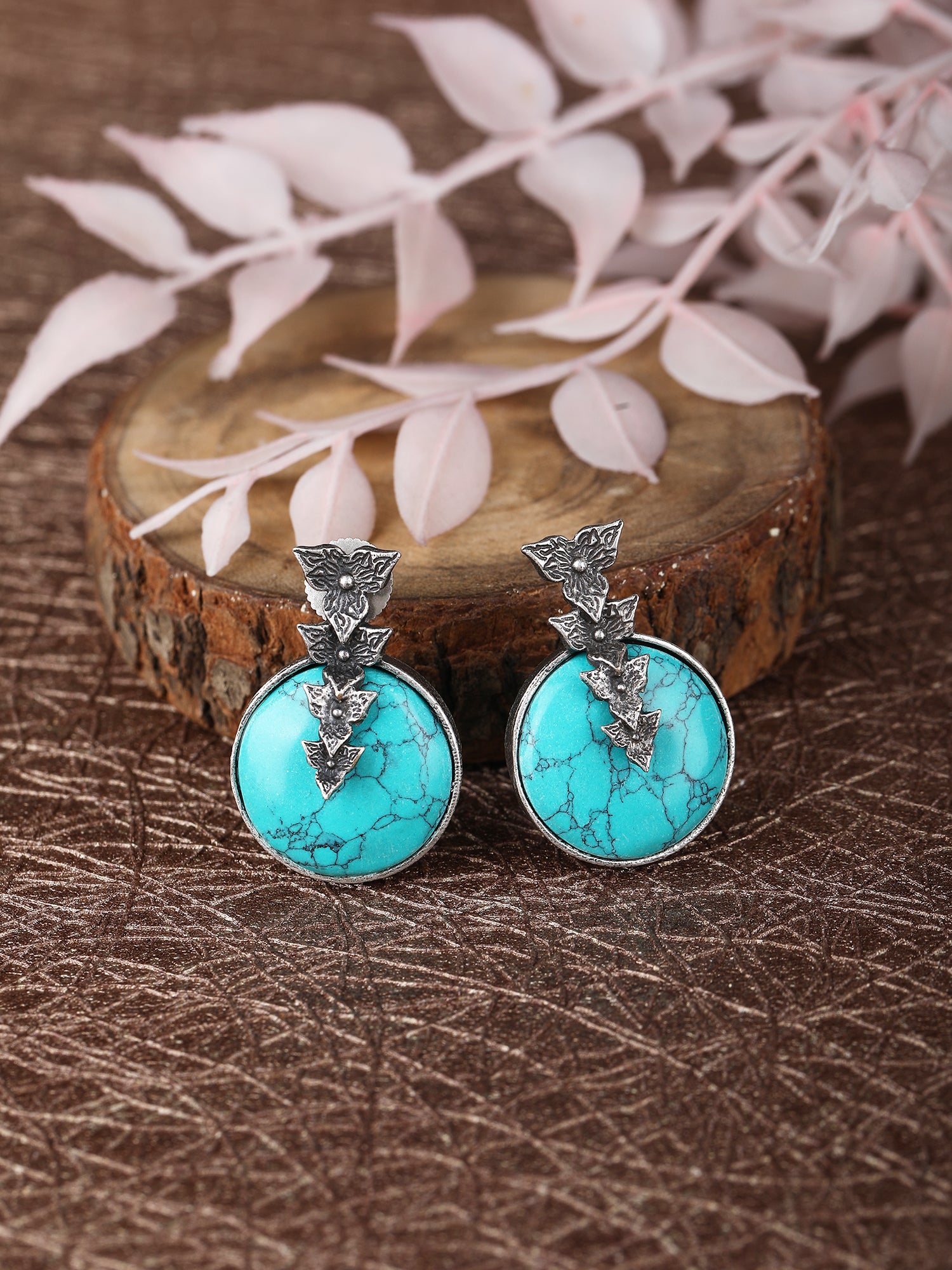 Antique Silver Stud Earrings with Blue Turquoise Stone