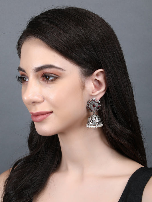 Antique Silver Jhumka Earrings with Red Stones & Pearl Detailing