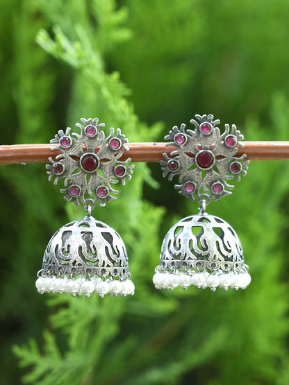 Antique Silver Jhumka Earrings with Red Stones & Pearl Detailing