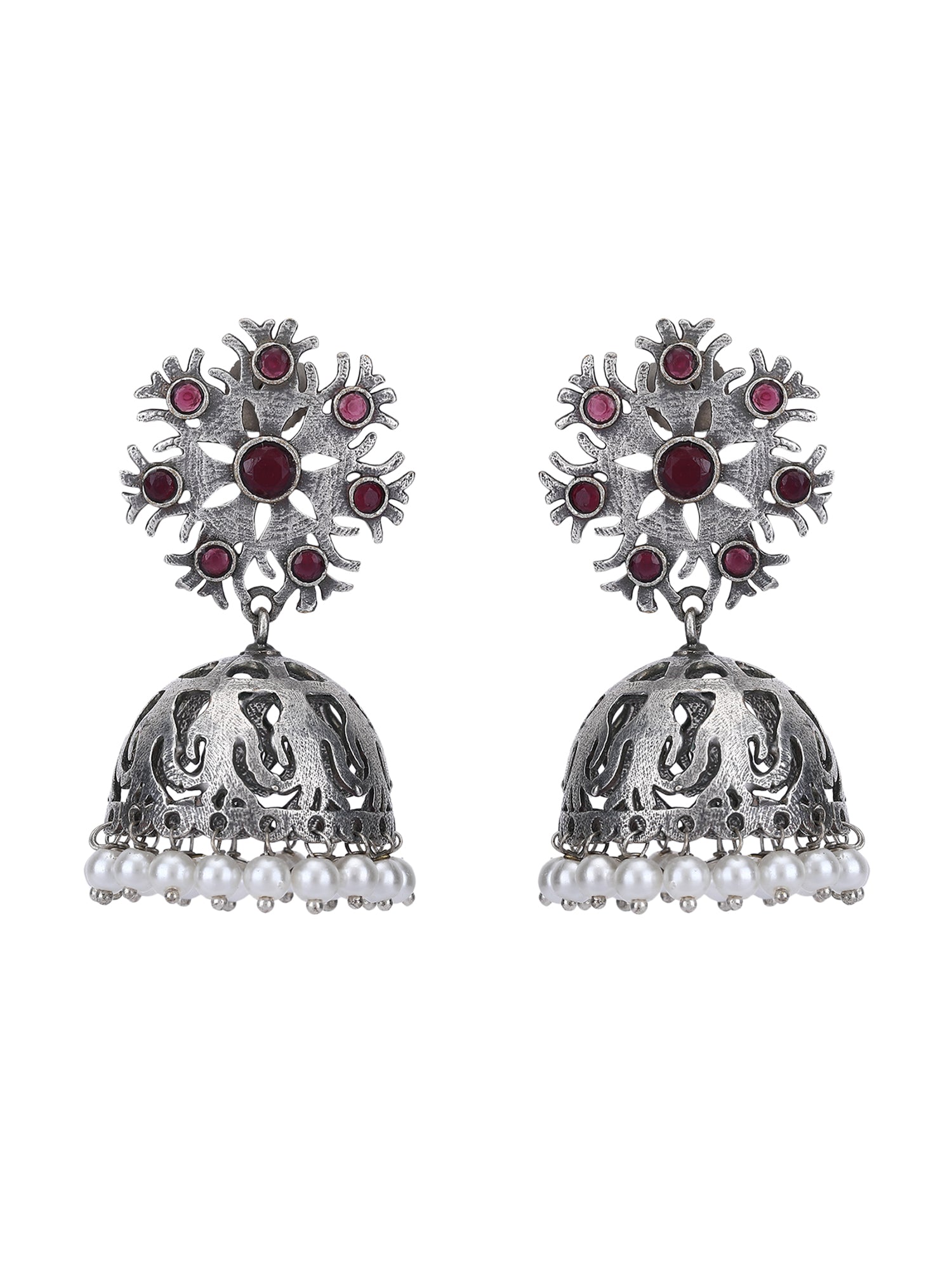 Antique Silver Jhumka Earrings with Red Stones & Pearl Detailing