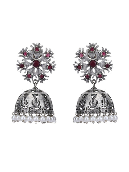 Antique Silver Jhumka Earrings with Red Stones & Pearl Detailing