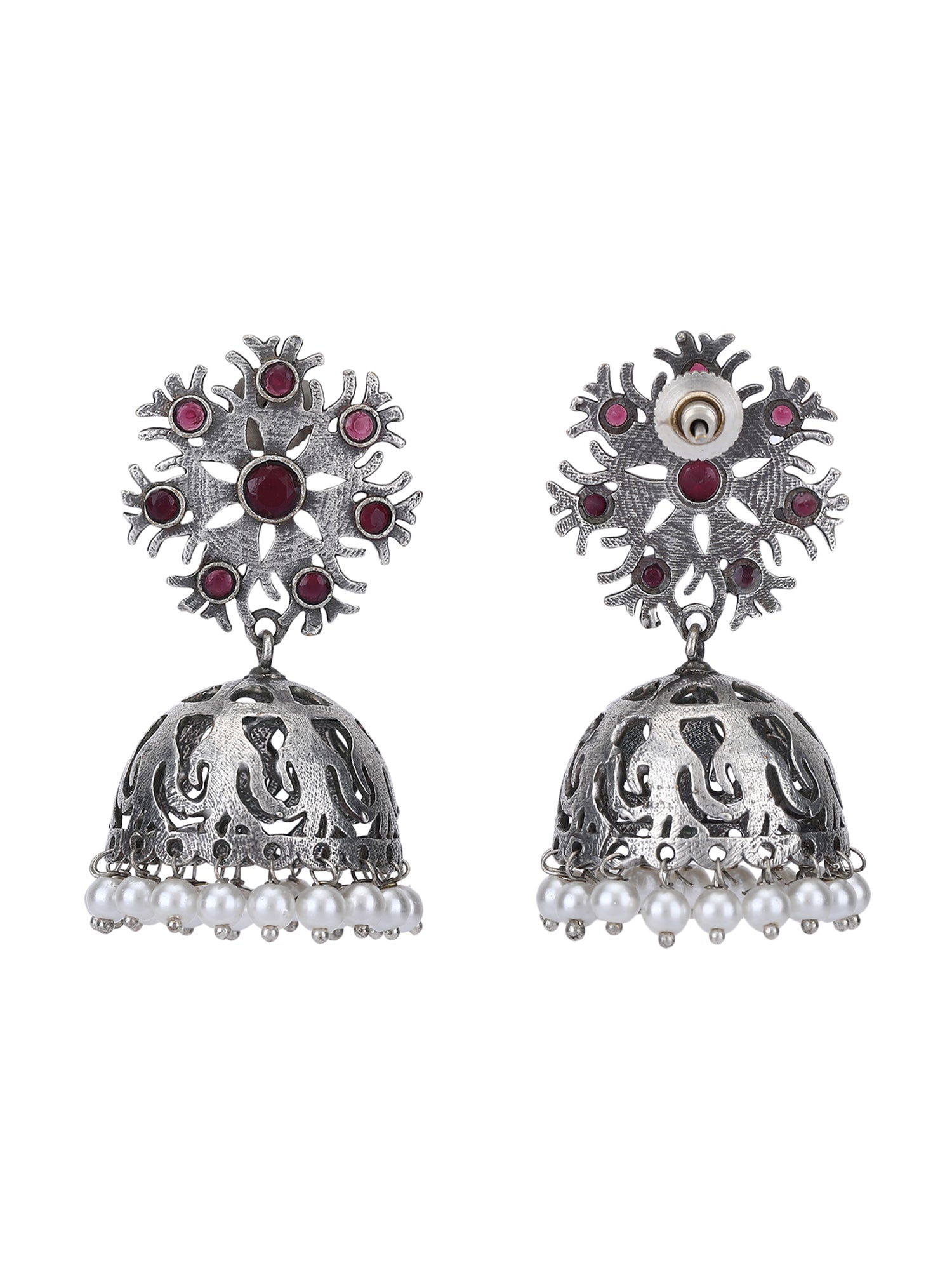 Antique Silver Jhumka Earrings with Red Stones & Pearl Detailing