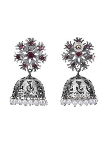 Antique Silver Jhumka Earrings with Red Stones & Pearl Detailing