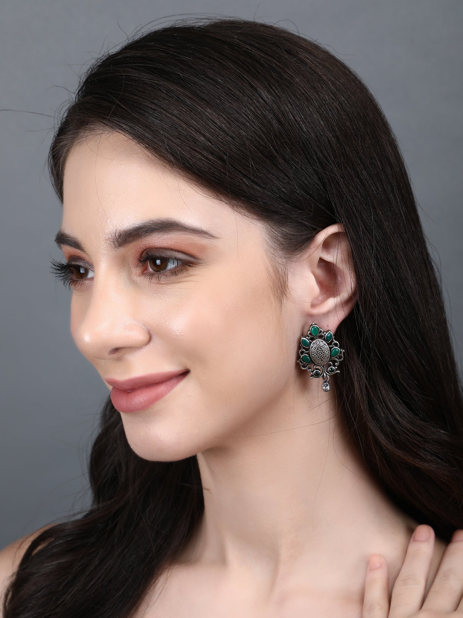 Antique Silver Stud Earrings with Green Stones & Filigree Design