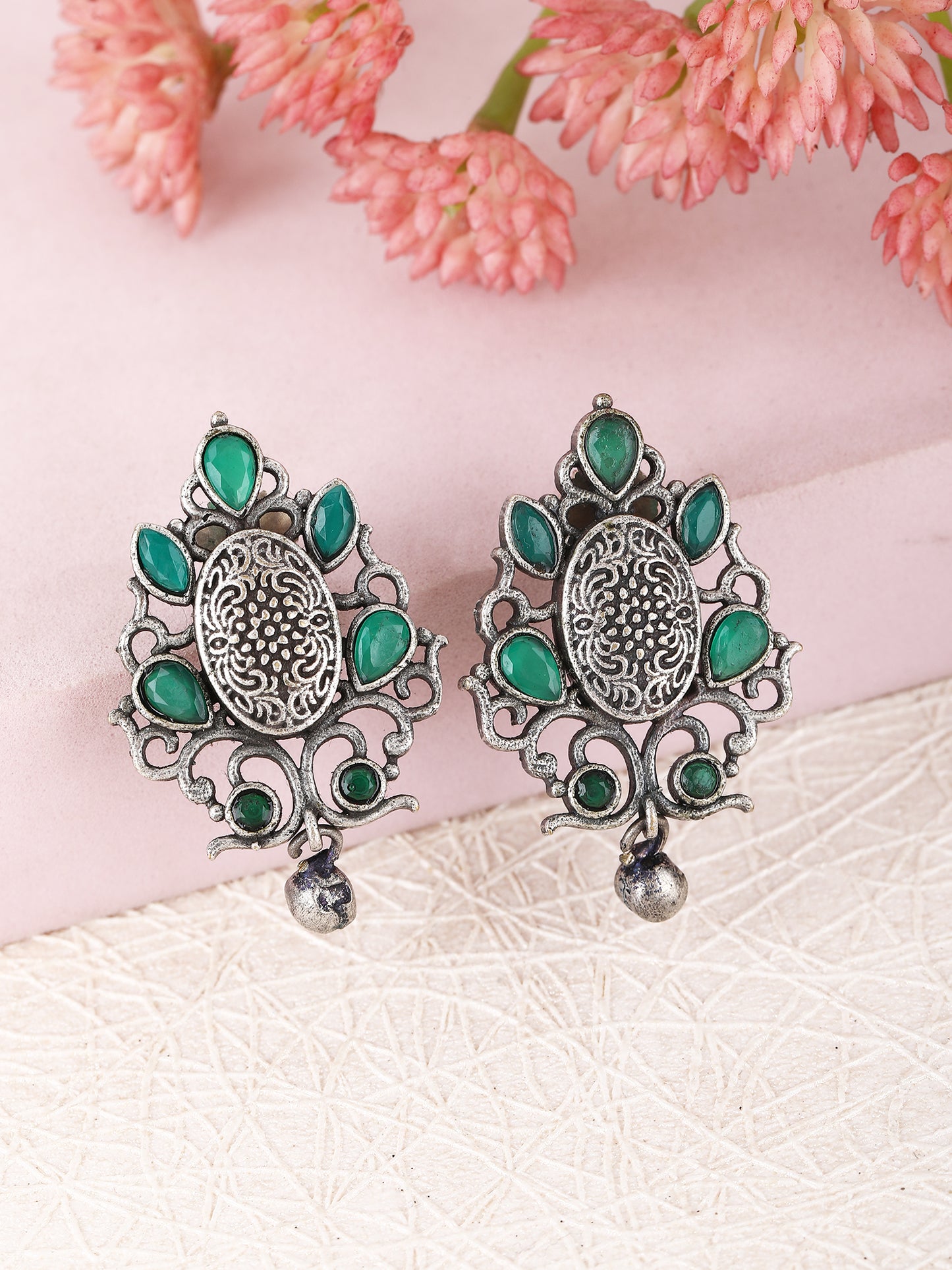Antique Silver Stud Earrings with Green Stones & Filigree Design