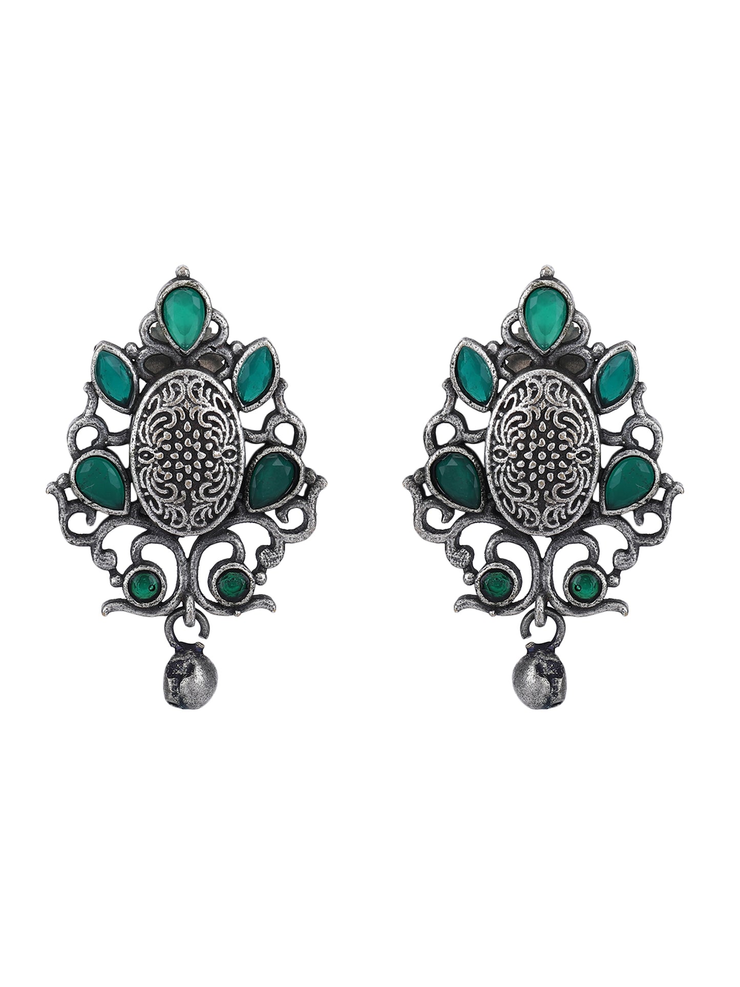 Antique Silver Stud Earrings with Green Stones & Filigree Design