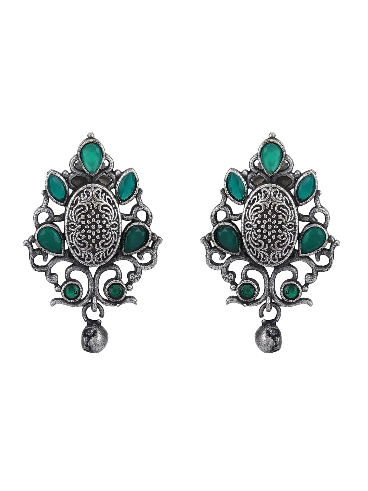 Antique Silver Stud Earrings with Green Stones & Filigree Design