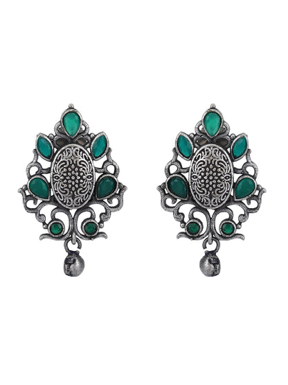 Antique Silver Stud Earrings with Green Stones & Filigree Design