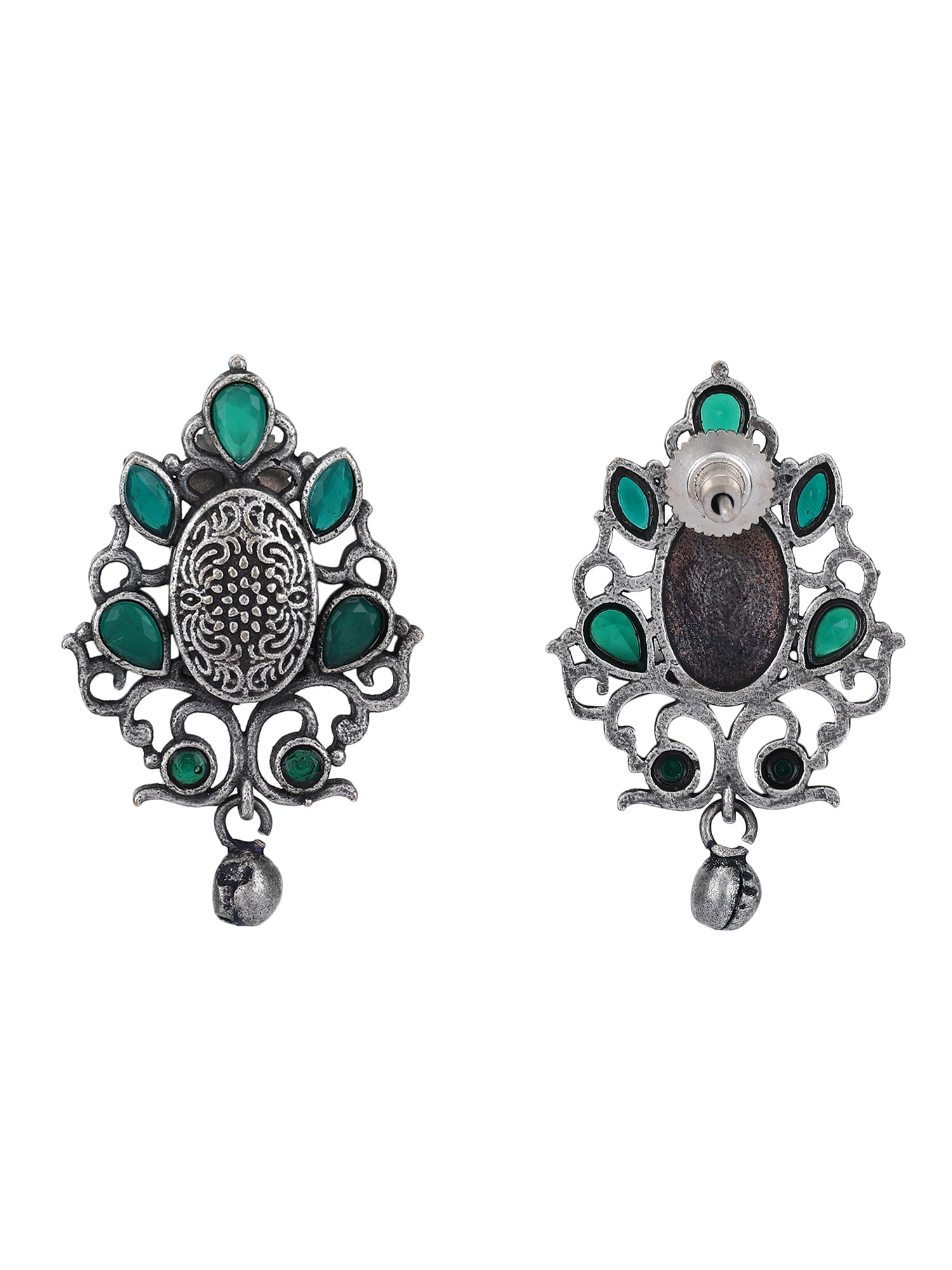 Antique Silver Stud Earrings with Green Stones & Filigree Design
