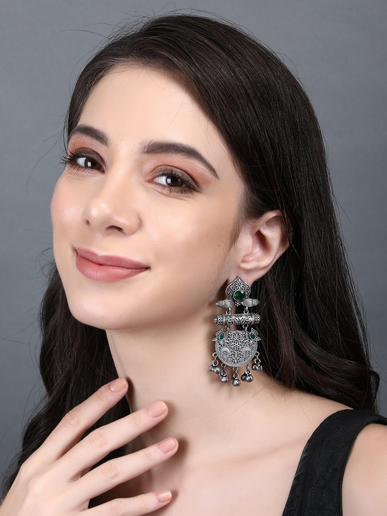 Antique Silver Dangler Earrings with Green Stones & Bell Charms