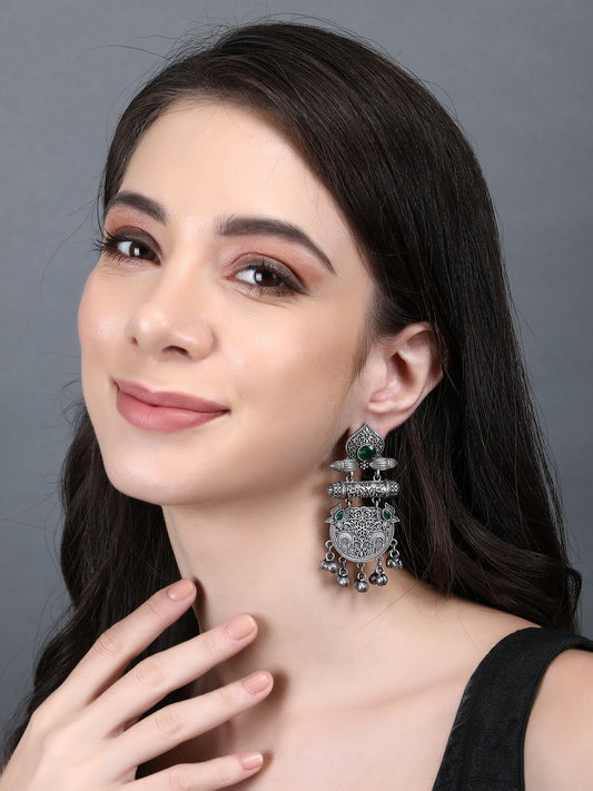 Antique Silver Dangler Earrings with Green Stones & Bell Charms