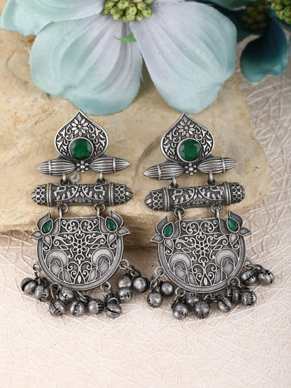 Antique Silver Dangler Earrings with Green Stones & Bell Charms