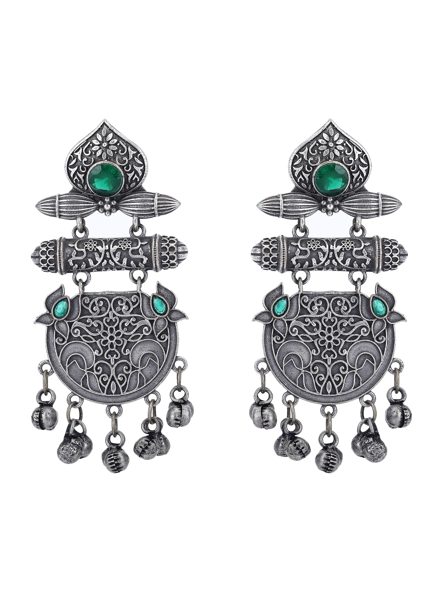Antique Silver Dangler Earrings with Green Stones & Bell Charms