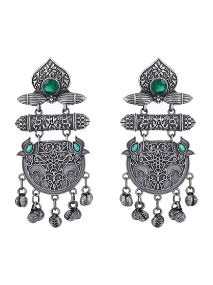 Antique Silver Dangler Earrings with Green Stones & Bell Charms