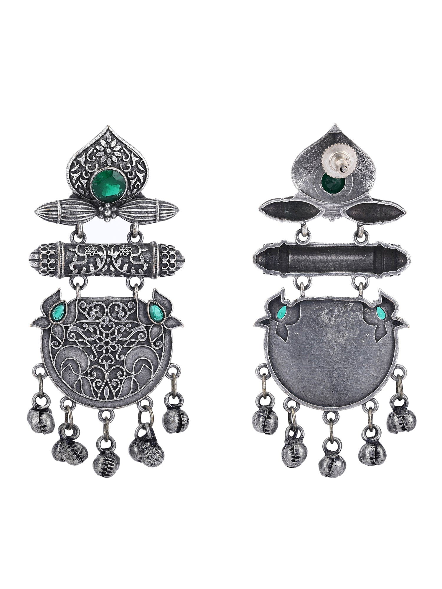Antique Silver Dangler Earrings with Green Stones & Bell Charms