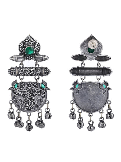 Antique Silver Dangler Earrings with Green Stones & Bell Charms