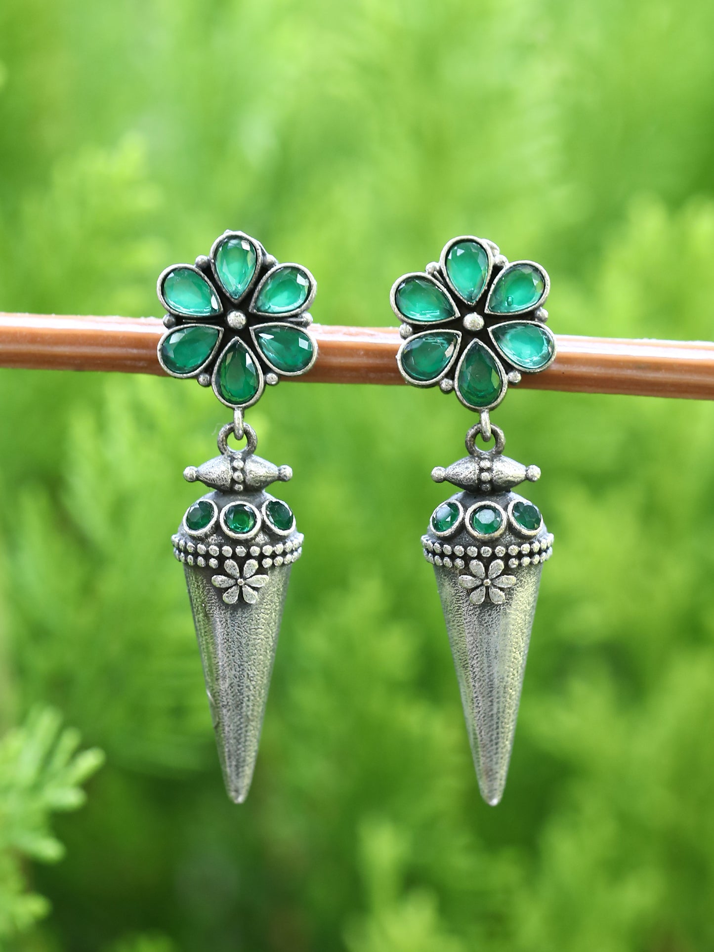 Antique Silver Cone Drop Earrings with Green Stones
