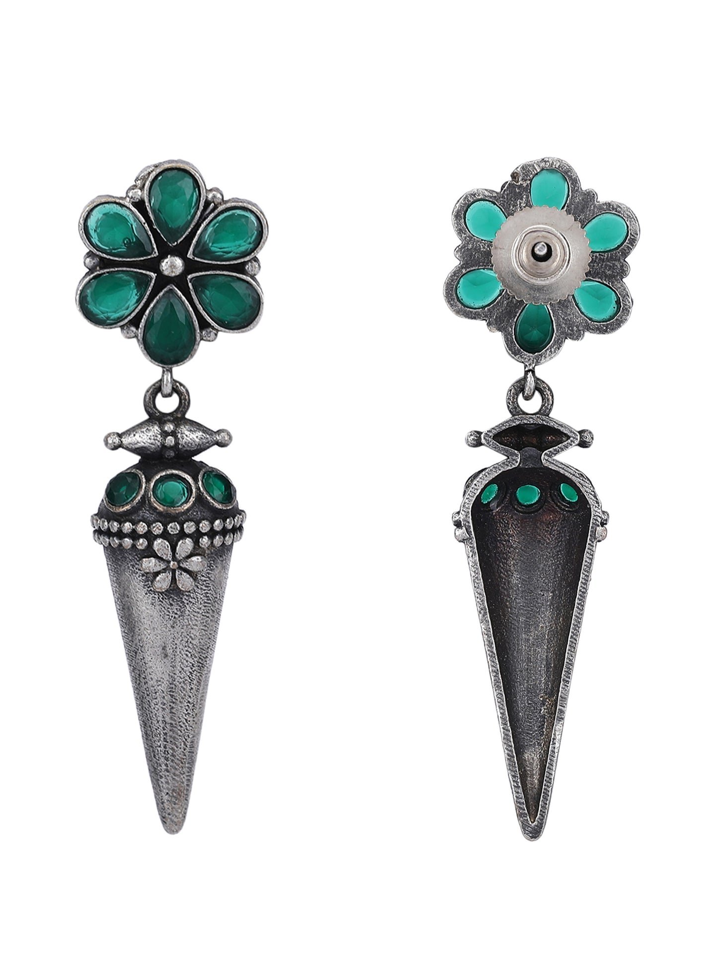 Antique Silver Cone Drop Earrings with Green Stones