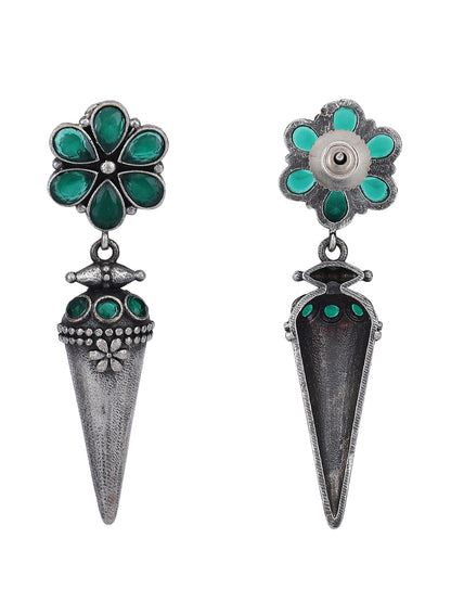 Antique Silver Cone Drop Earrings with Green Stones