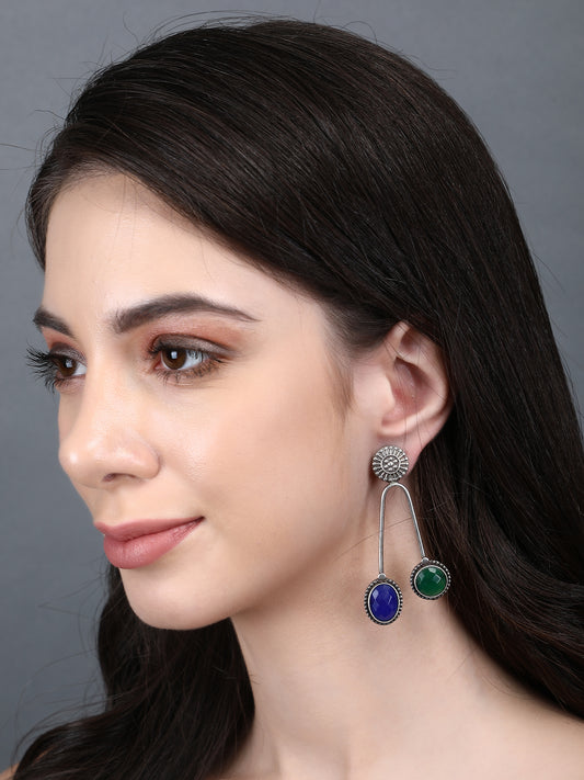 Dual-Tone Dangle Earrings with Green & Blue Stones