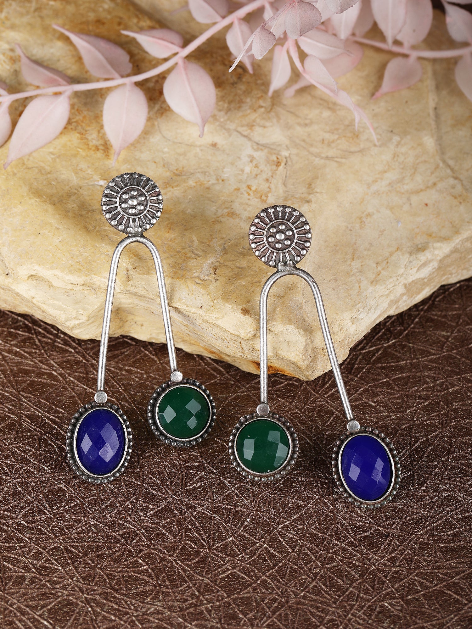 Dual-Tone Dangle Earrings with Green & Blue Stones