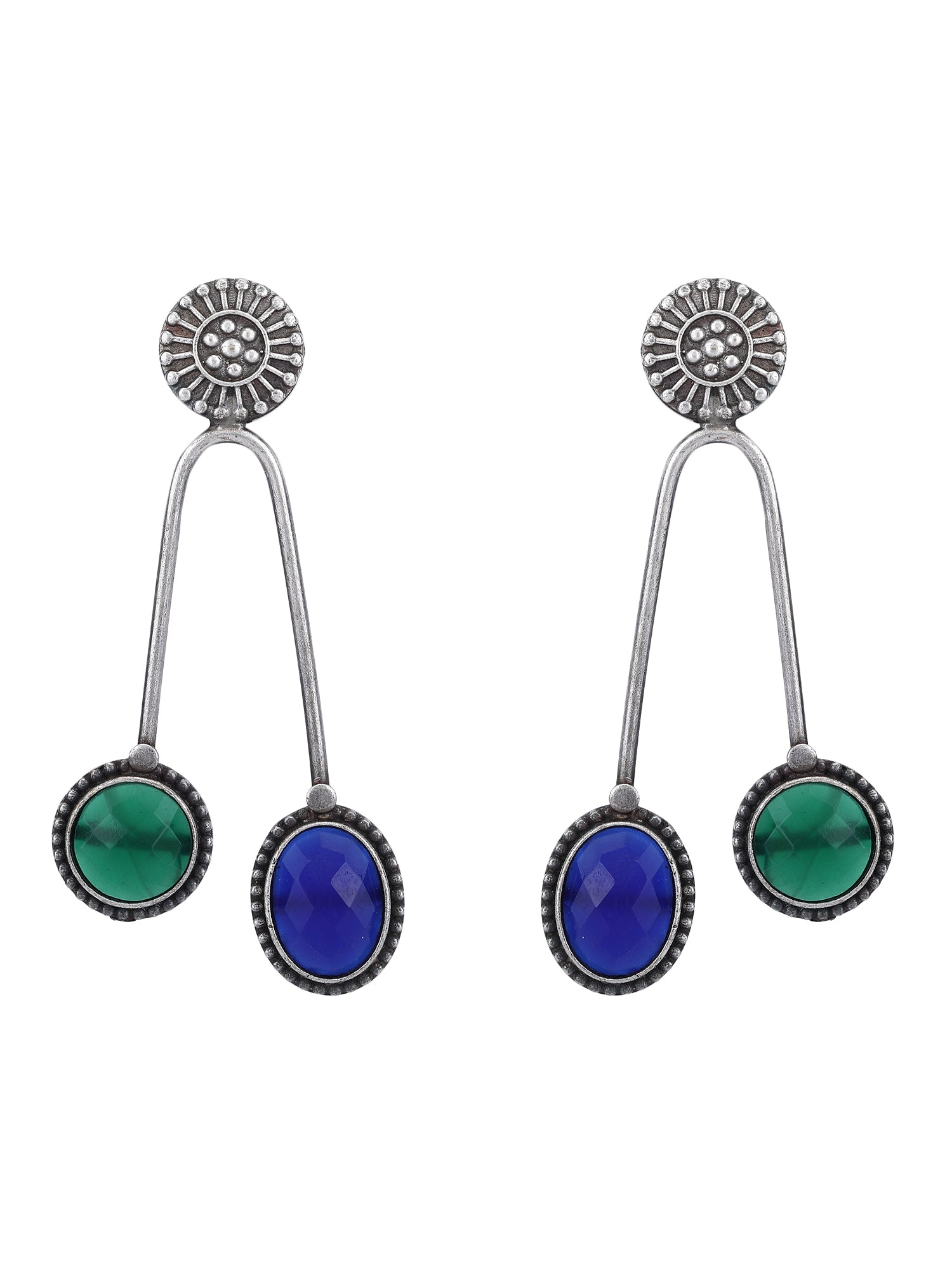 Dual-Tone Dangle Earrings with Green & Blue Stones