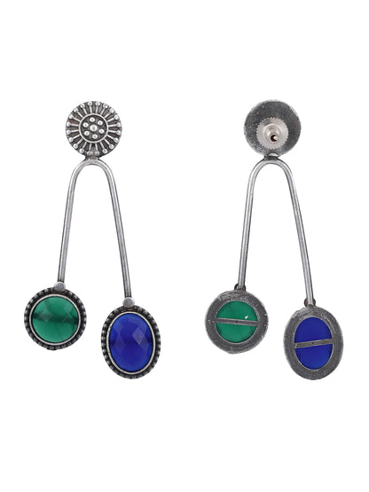 Dual-Tone Dangle Earrings with Green & Blue Stones