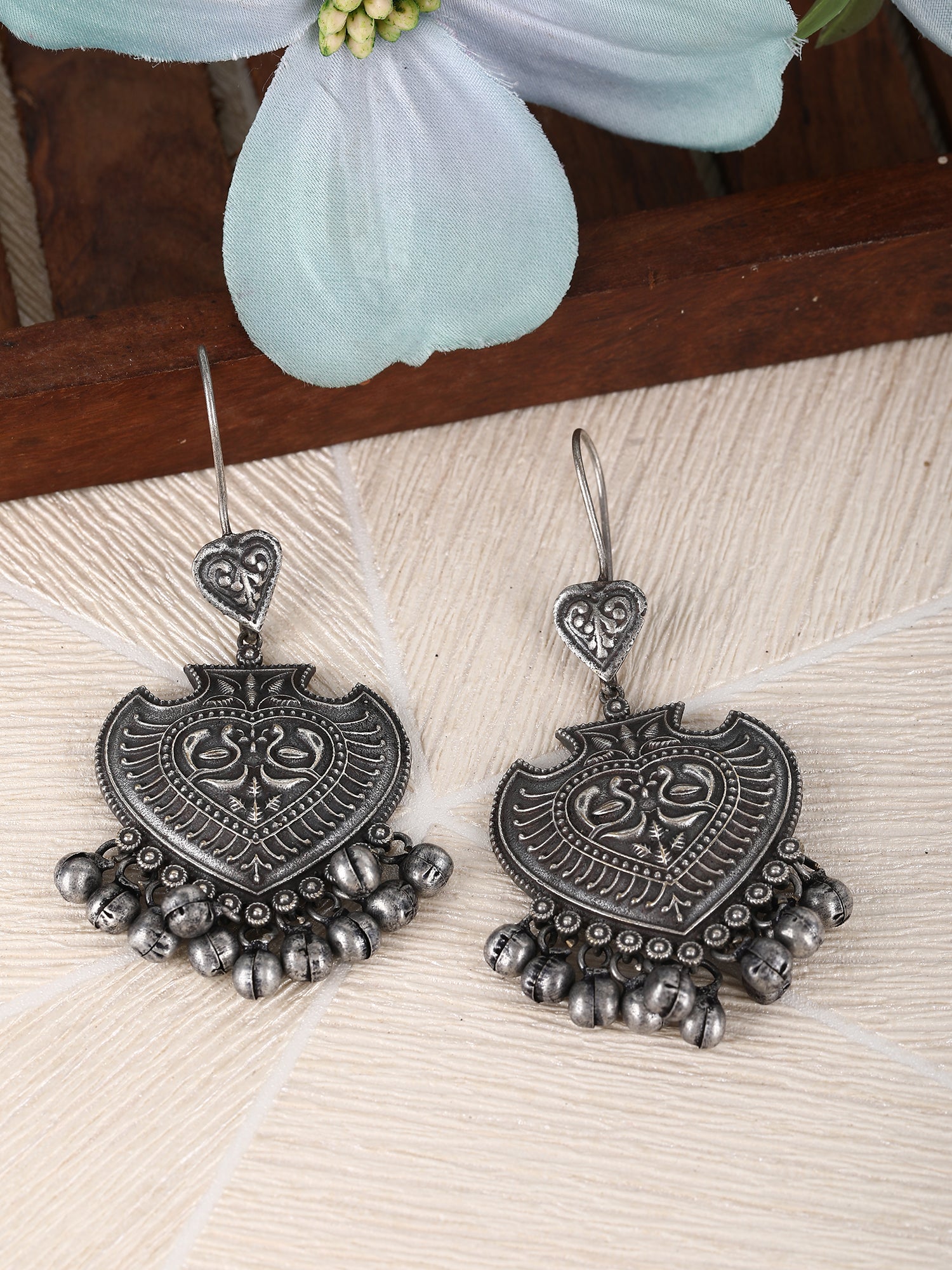 Oxidized Grey Heart-Shaped Jhumka Earrings