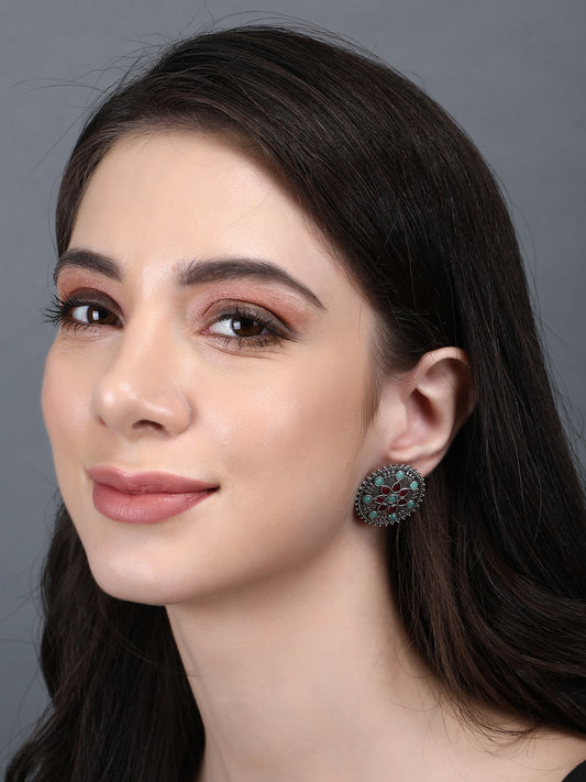 Oxidized Grey Floral Stud Earrings with Red & Green Stones