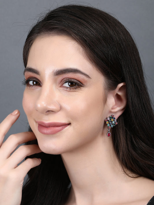 Oxidized Silver Multicolor Stud Earrings with Pink Drop