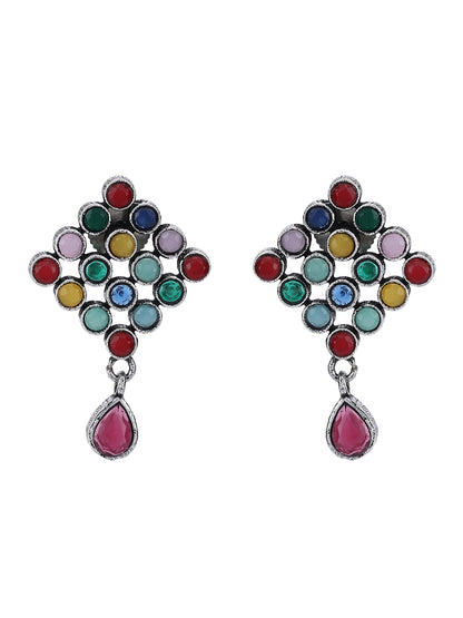 Oxidized Silver Multicolor Stud Earrings with Pink Drop
