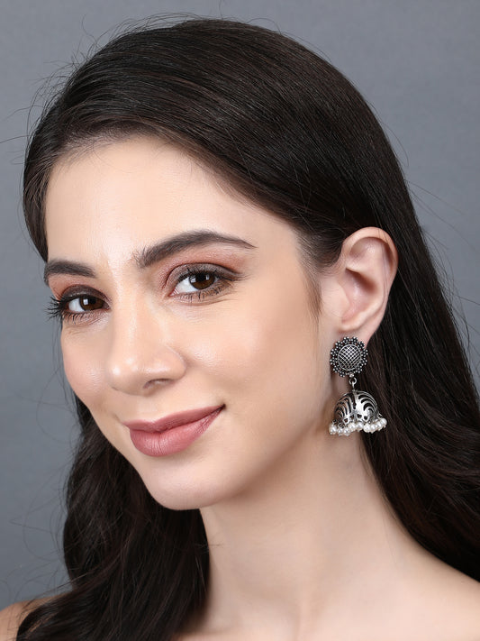 Oxidized Grey Jhumka Earrings with Pearl Drops