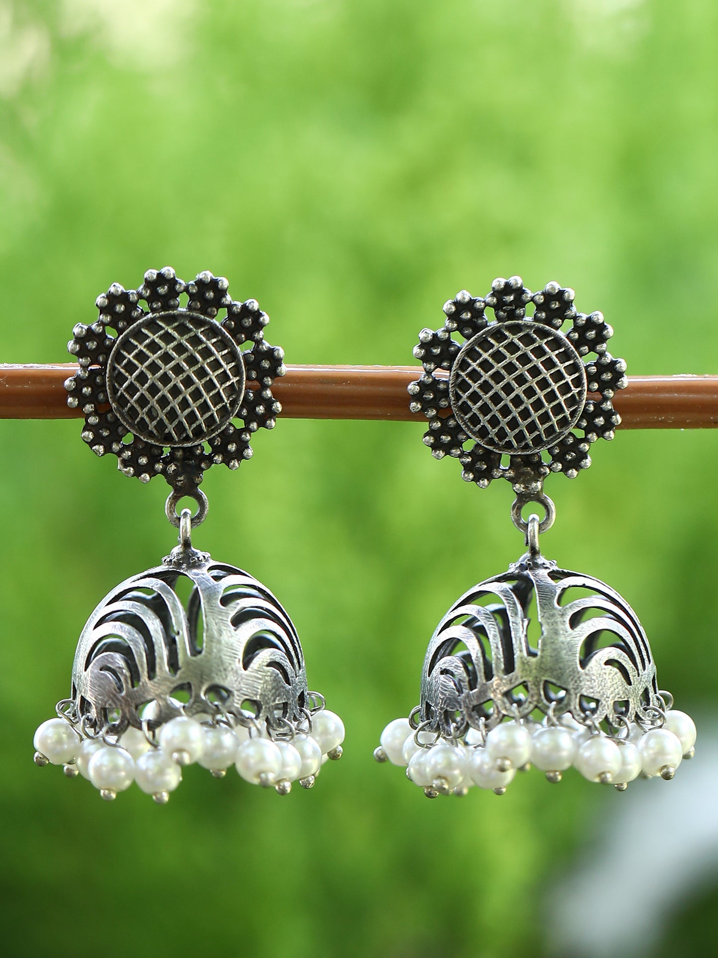 Oxidized Grey Jhumka Earrings with Pearl Drops