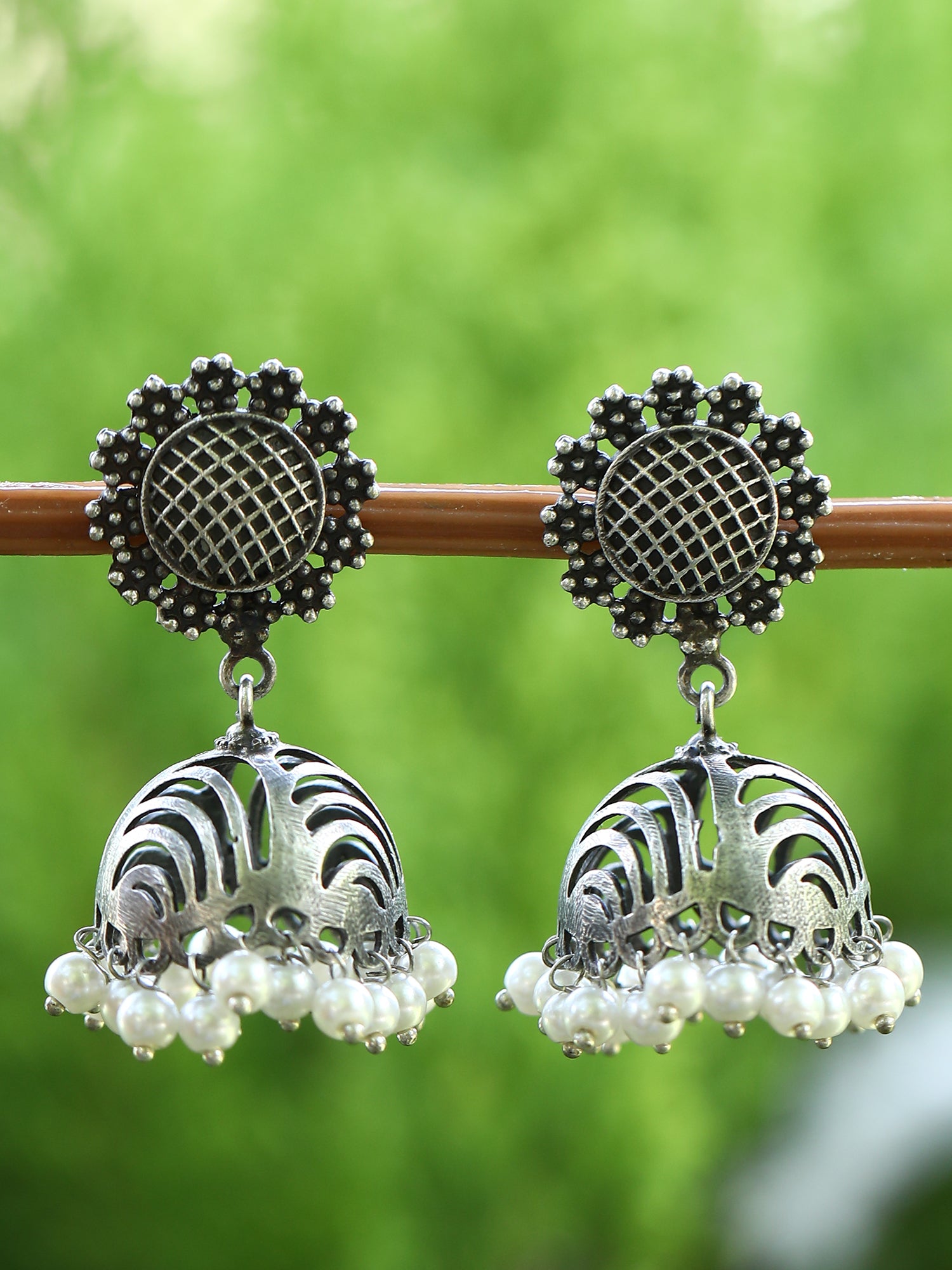 Oxidized Grey Jhumka Earrings with Pearl Drops
