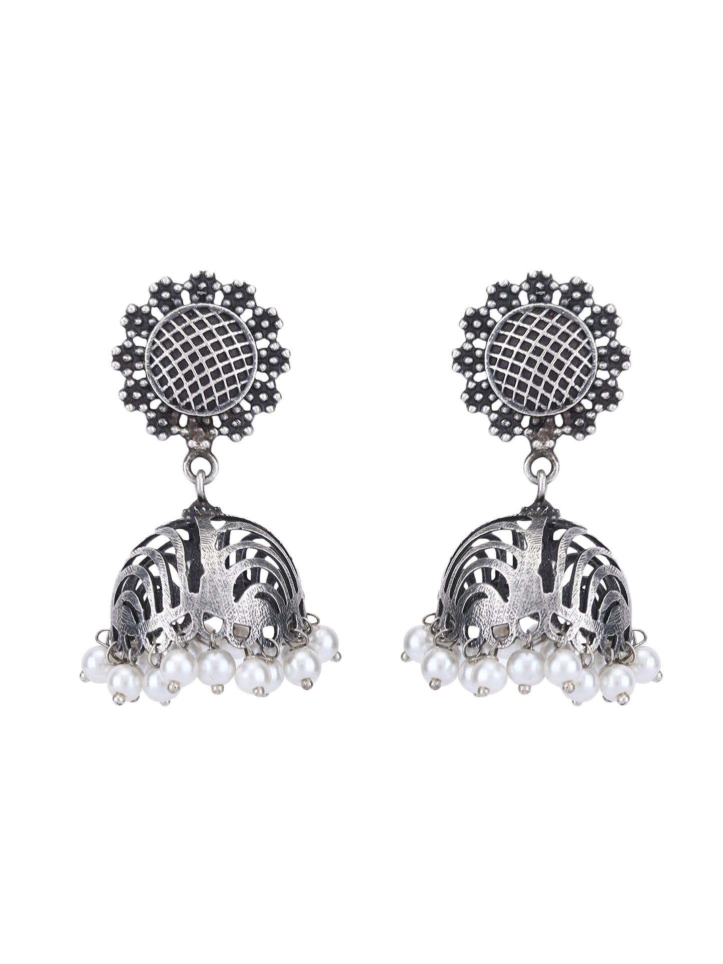 Oxidized Grey Jhumka Earrings with Pearl Drops