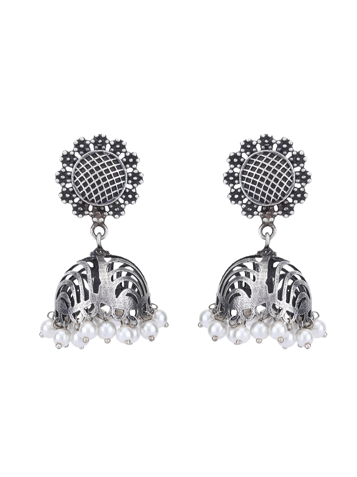 Oxidized Grey Jhumka Earrings with Pearl Drops