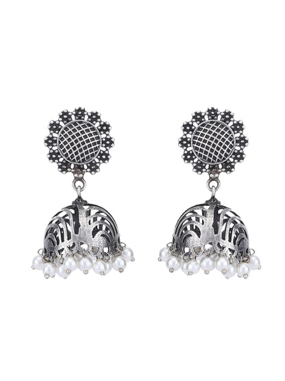 Oxidized Grey Jhumka Earrings with Pearl Drops