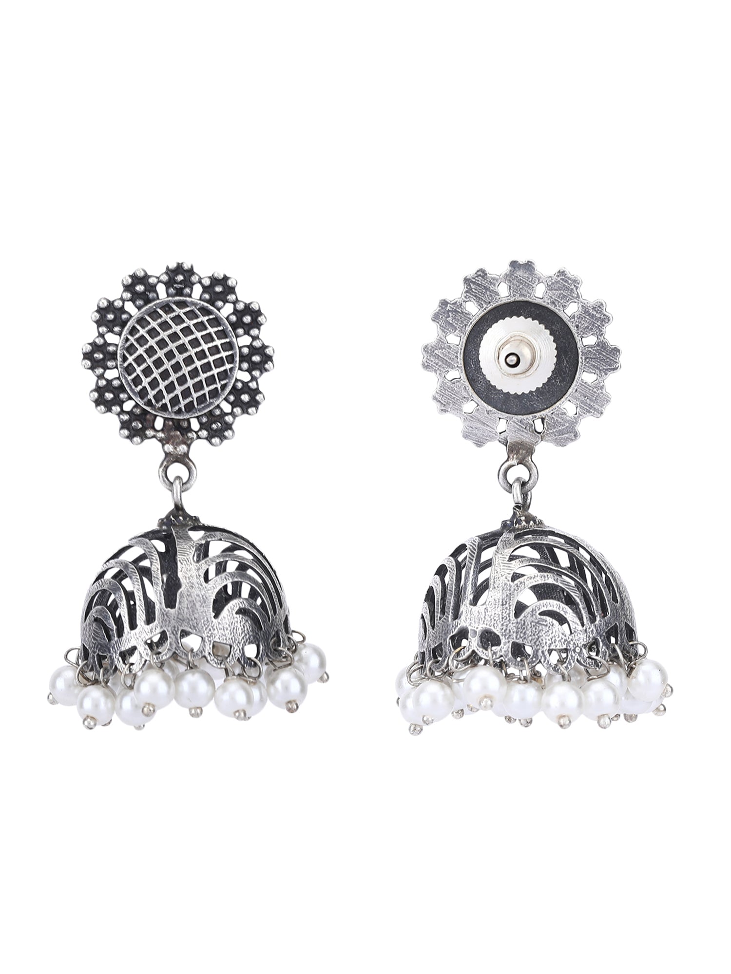 Oxidized Grey Jhumka Earrings with Pearl Drops