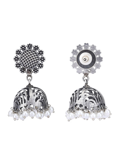 Oxidized Grey Jhumka Earrings with Pearl Drops