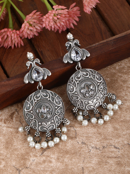 Antique Grey Jhumka Earrings with Pearl Drops