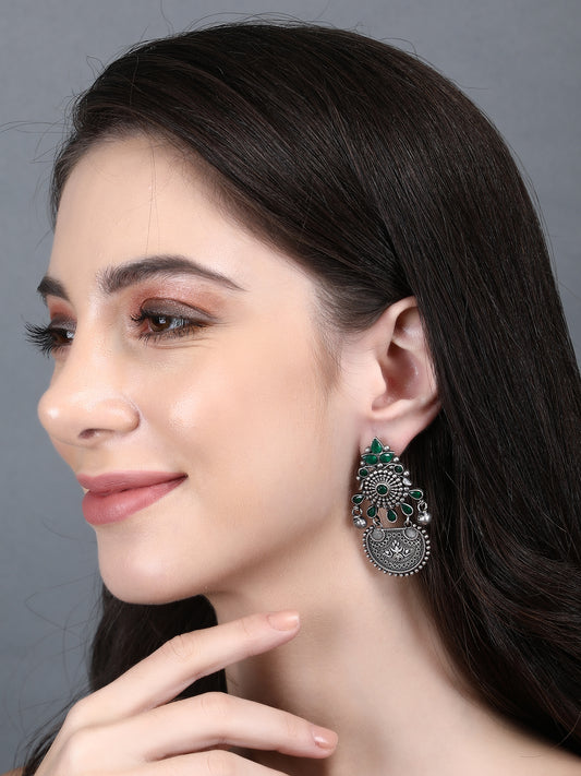 Elegant Oxidized Earrings with Green Stones