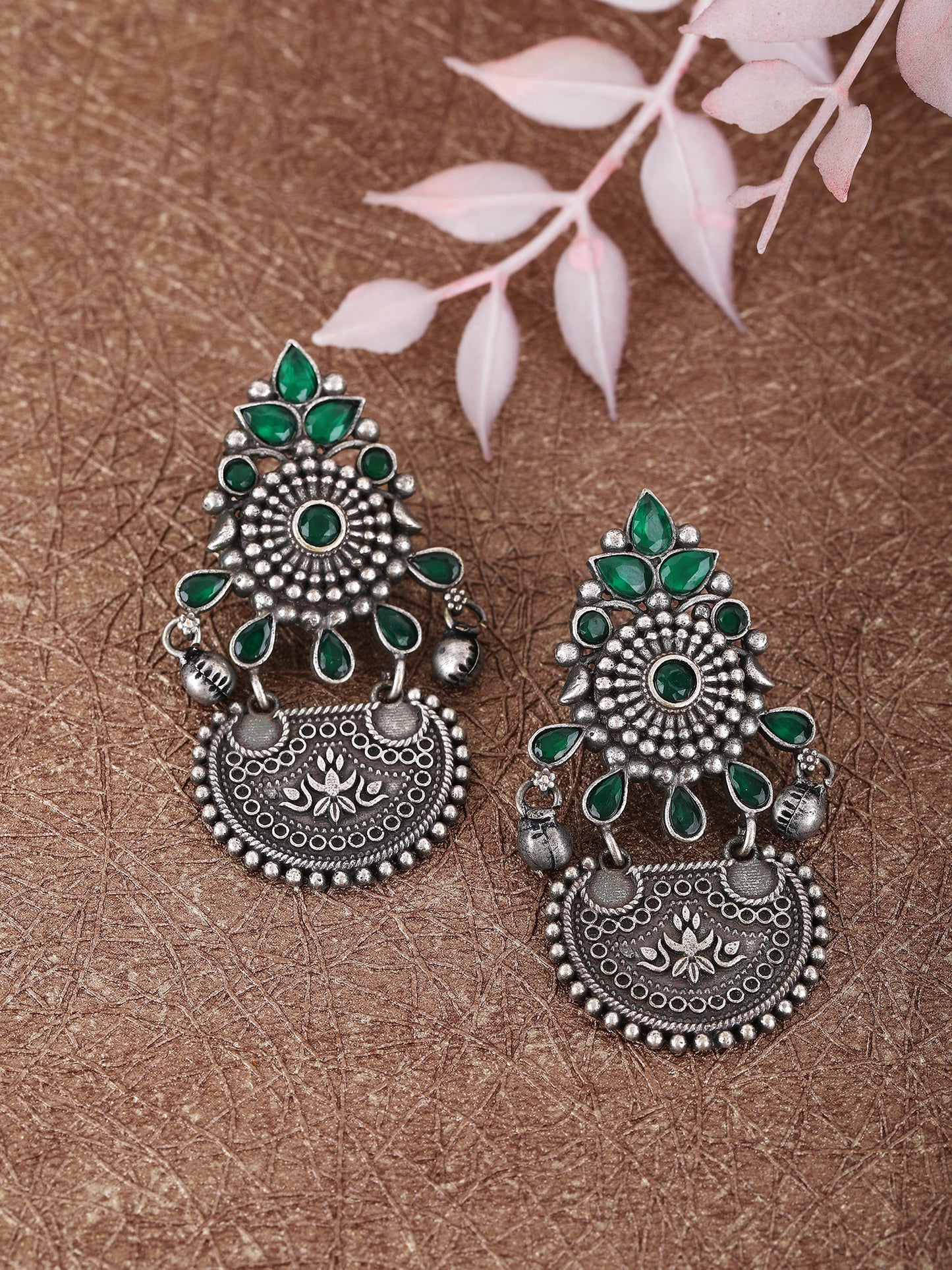 Elegant Oxidized Earrings with Green Stones
