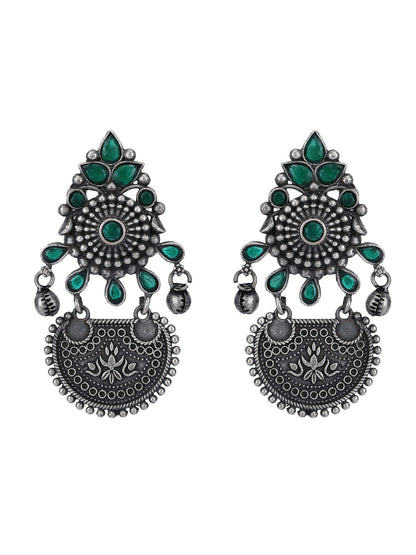 Elegant Oxidized Earrings with Green Stones
