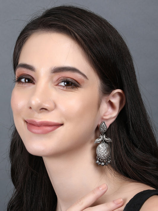 Classic Oxidized Silver Earrings with Peacock Motif