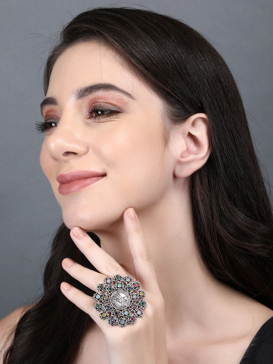 Elegant Oxidized Multicolor Statement Ring for Women