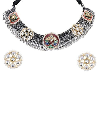 Kundan & Meenakari Oxidised Necklace Set with Stud Earrings