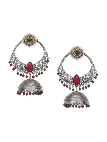Oxidized Silver-Plated Jhumka Earrings with Red & Green Beads
